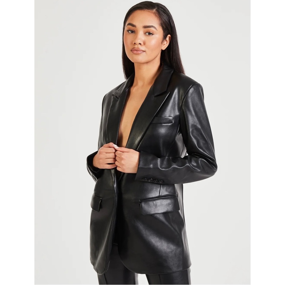NEW Because Of Alice BOA Women’s Black Faux Leather Boyfriend Blazer Sz L